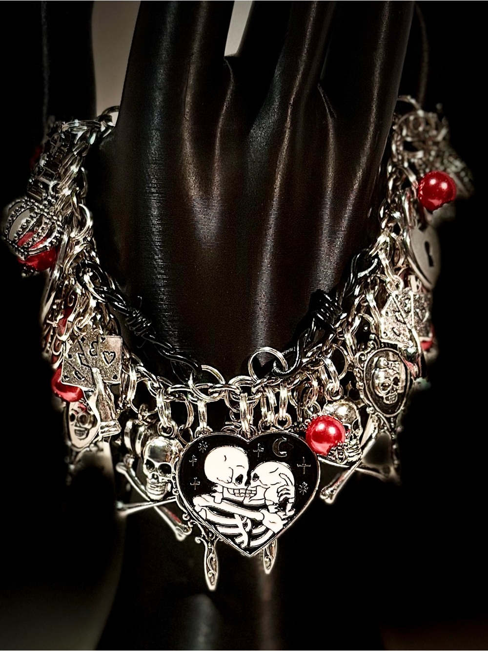 Silver Skull & Heart Charm Bracelet with Red Accents